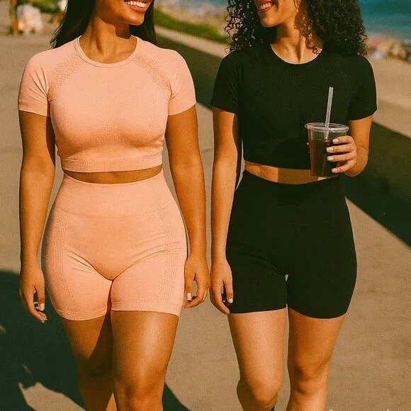 2-Piece Orange Vital Seamless Shorts + Short Sleeve Crop Top Workout Set - Picture 3 of 5